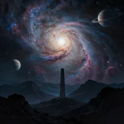 A highly detailed 4K fantasy matte painting of a nebula in the sky. Behind mountain silouette, planets, stars, monolith. zdzislaw beksinski, ArtStation, CGSociety, Unreal Engine