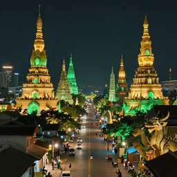 Street view of the legendary Biringan city at night with tall gilded towers, green lights, populated by Filipino mythological creatures, concept art, artstation