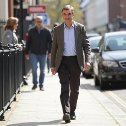 mr. bean walks down a street on a sunny day by mary adshead