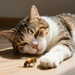 “a cat by bee oil panting”