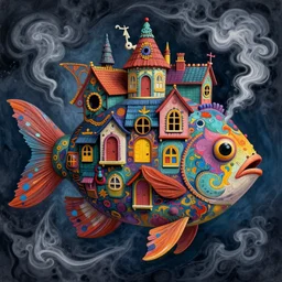 creepy fish by shaun tan, side view, style of yoshitaka amano john kenn mortensen takato yamamoto junji ito gediminas pranckevicius vivid colors, symmetrical features, ominous, magical realism, texture, intricate, ornate, royally decorated, body format, windows, many doors, roofs, complete house, whirling smoke, emb