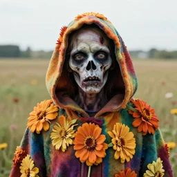 closeup portrait of a undead zombie wearing a hooded cloak made of zinnias and rainbows, in an empty field, by Annie Leibovitz and Steve McCurry, natural light, detailed face, CANON Eos C300, ƒ1.8, 35mm, 8K, medium-format print