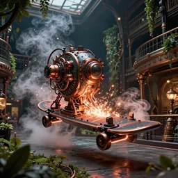 A glowing electrical Steampunk flying hoverboard in a victorian museum, james gurney, cinematic lighting, lots of steam and sparks, wires made of copper, artstation, vibrant nature, Tuomas Korpi, tekkon kinreet, volumetric light, artstation, , octane render, redshift render, low angle camera, rich deep moody colors