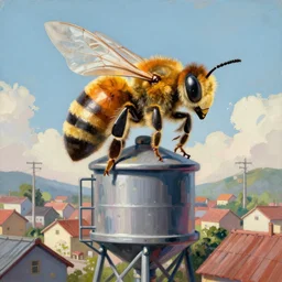 a giant bee standing on top of a water tank, in a small town, painted by greg rutkowski and noriyoshi ohrai and michael kaluta, 8 k, high quality