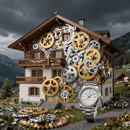Beautiful Swiss chalet on a landscape made of an intricate watch parts, cogs, gears, gearwheels, levers, jewels, shiny silver, shiny gold, architectural render, futuresynth, by Gabriel Dawe, by Skottie Young, by Jessica Rossier, by Isaac Cordal, Rolex, Breitling, Jacob & Co, Omega, Tag Heur