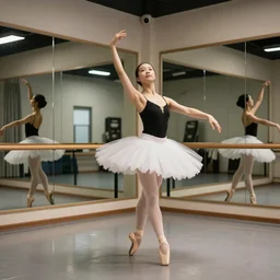 photo of peanut dancing ballet, ballet studio, mirrors, 5 0 mm, beautiful photo