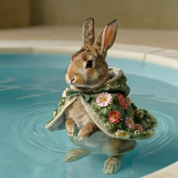 a rabbit wearing a cloak of flowers, in a swimming pool, by jan van eyck