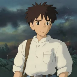 Nostalgia guy and small creature, made by Studio Ghibli, cinematic lighting, storm arriving, highly detailed art, beautiful scene, artstation trenidng, sharp focus, smooth, artgerm