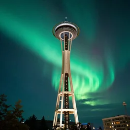 vivid and beautiful aroura northern lights in figure of virgin mary portrait plasma above space needle centered big sky film long exposure fuji wide angle national geographic