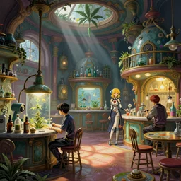 cannabis lab cafe colorful whimsical fantasy kitchen by rembrant, battle angel alita, ralph mcquarrie, chiho aoshima