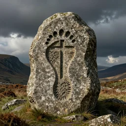 a footprint with a cross on a stone in the middle, style by dean macadam, digital art illustration