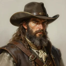 bearded gunslinger, painted fantasy character portrait, headshot, fantasy, highly detailed, digital painting, artstation, concept art, sharp focus, illustration, art by the golden age of American illustration archive, artgerm and greg rutkowski and alphonse mucha