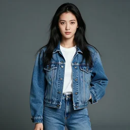 portrait of a girl from the 9 0 s wearing jean jacket and jean pants with long black hair, photo - realistic,