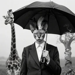 photographic portrait max ernst sad woman hairless cat feathers face, wearing a suit, holding an umbrella and a giraffe, spiraling tree cigarette smoke, editorial