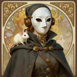 female plague doctor with a white mask and a cloak, white mouse on the shoulder, portrait steampunk, detailed illustration, hd, 4k, digital art, overdetailed art, by greg rutkowski, by Alfons Mucha, complementing colors, Trending on artstation, deviantart