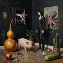 realistic painting of a trashed female artist's apartment, black dripping walls, tall emo catgirl, a gourd sculpture, a pig, an octopus reaching out from inside paintings on black walls, a pomegranate, cactus, octopus, a courgette, 1 6 mm, berries, zen, sensual, surrealist painting by magritte and rousseau and monet