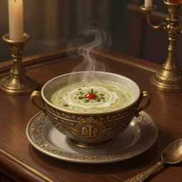 soup on the table of a wooden bar d & d fantasy intricate elegant highly detailed digital painting artstation concept art matte sharp focus illustration hearthstone art by artgerm art by greg rutkowski art by alphonse mucha