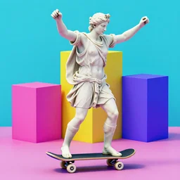 hd photo of a greek marble statue riding a skateboard with 3 d blocky shapes in the background, vibrant 9 0 s art