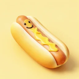 a yellow hotdog with a smiley face in it, yellow background