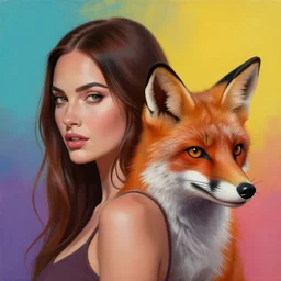 painting of [ hybrid between megan fox & fox ], intercrossed human & animal, human face with fox whiskers and ears, half of the face has no skin at all, trending on art - station, 8 k, mixture, by zdzislaw beksinski, logical anatomy, bright hue's, vibrant tone gradient background, octane render, concept art, beautiful composition, hyper