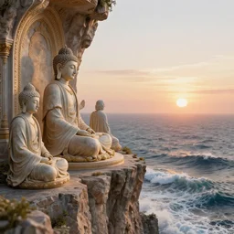 a stunning 3 d render of a jesus meditating on a cliff with buddah and socrates on a cliff facing away from the camera watching the sunrise over the ocean, turbulent ocean in the background, intricate, elegant, highly detailed, artstation, ultra sharp focus, octane render, volumetric lighting, in a neoclassical and baroque style