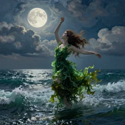 cubist clouds over impressionism waves over woman dancing underwater in long green dress made of seaweed that is flowing in the current, photorealism, highly detailed, moonlit, octane render