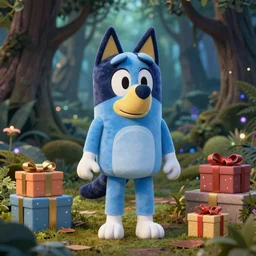 blue'snappy gifts costume'in magical forest, gifts, dark atmosphere, high detail, soft lighting, 8 k