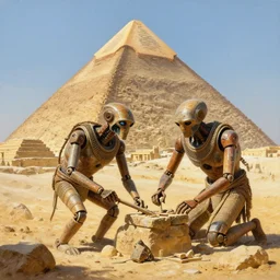 extremely detailed painting of a prehistoric android working on an egyptian pyramid, daylight, sunny