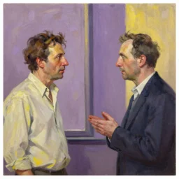 portrait of two men talking highly detailed oil painting by francis bacon, edward hopper, adrian ghenie, glenn brown, soft light, 4 k, purple and yellow,