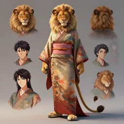 beautiful full body portrait of a strong female anthropomorphic lioness fursona wearing an ornate kimono. character reference sheet with 3 6 0 view. character design by disney, anime, manga, charlie bowater, ross tran, artgerm, and makoto shinkai, detailed, soft lighting, rendered in octane