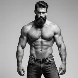a very muscular man with big beard wearing jeans, seductive pose, hyperrealistic, concept art, octane render, unreal engine 5, trending on artstation, high quality, highly detailed, stylish, elegant, path traced, black and white, realistic and detailed face, anatomically correct, five fingers, cinematic, high coherence, dramatic lighting, 8 k