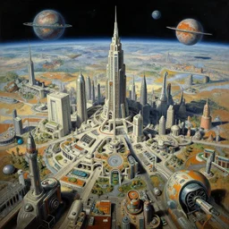 a science fiction painting from 1 9 6 4 of a futuristic city on an alien planet, complex detailed illustration
