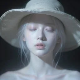 out of focus photorealistic portrait of a beautiful pale young woman, very blurry, translucent white skin, closed eyes, foggy, closeup, with a weird hat, by sarah moon