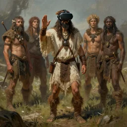 Neolithic shaman wearing Oculus Virtual Reality set, prehistoric, realistic character concept art, full body portrait painting, DeviantArt Artstation, by Jason Felix by Steve Argyle by Tyler Jacobson by Peter Mohrbacher, cinema