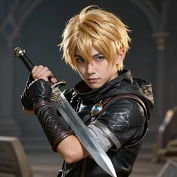 An epic fantasy comic book style portrait painting of a young blonde boy thief holding a dagger, unreal 5, DAZ, hyperrealistic, octane render, cosplay, RPG portrait, dynamic lighting