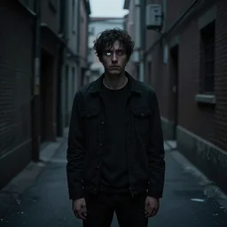 a gloomy alley, a man stands in the darkness but the white of his eyes can be seen, dark, gloomy, skeptical