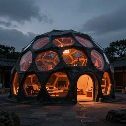 epic exterior photo of a futuristic organic japanese geodesic shelter pod for the homeless, geodesic structure, dramatic lighting, black and orange colour palette, long shot, archviz