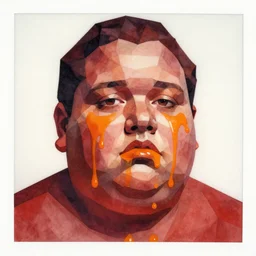 watercolor low poly, a liquid dark red portrait of a fat face melt down flow go runny, face painted with orange thick fluid by marlene dumas, low poly, realistic detailed watercolor polaroid, grainy image, contrast