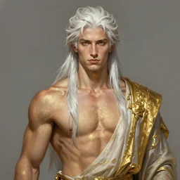 painted realism portrait of ruggedly handsome young twink by ruan jia greg rutkowski, greek god [ long white hair ] clear face majestic muscular physique masculine manly mature robe fantasy intricate elegant detailed digital painting concept art artstation sharp focus illustration gold paint