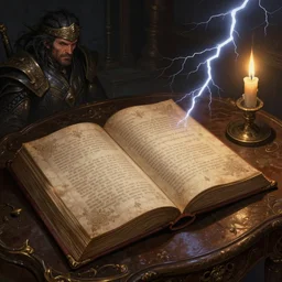 a dark fantasy illustration of an open ornate book on an antique table, candlelight, micro details, masterpiece, dramatic lightning, very high details, multiple angles, by greg kopinsky, by greg capullo