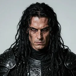 portrait of a young clancy brown with long tangles of black hair, cruel, ruthless, megalomaniacal, brutal, remorseless, savage eyes, wearing a black armor, hyper realistic face, majestic, fantasy art, intricate, in the style of greg rutkowski, edmund leighton, melissa houpert, alphonse mucha, hyper detailed, smooth