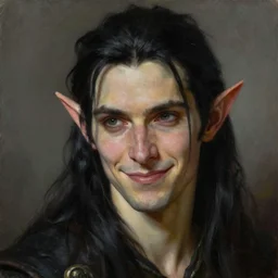 portrait of an elf ( long thin pointed ears, sharp features ) thief with long black hair, elven character with smirk, detailed realism face in painting, by rembrandt, by greg rutkowski, by james jean, detailed beautiful portrait, oil painting masterpiece, fantasy artwork, 8 k resolution, smooth, sharp focus, trending on artstation