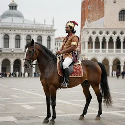 photo of an Indian chief on a horse at St. Marco square in Venice, 50mm, beautiful photo