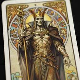 undead king, tarot card, highly detailed, deep focus, elegant, digital painting, smooth, sharp focus, illustration, ultra realistic, 8 k, art by artgerm and alphonse mucha