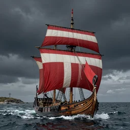 a Viking ship (Ormen Lange) with horizontal striped sail, red and white, sailing to towards left, waves, a small cross in the distance on shore on the left side, by Andreas Rocha + Ted Nasmith, dark, cinematic lighting, masterpiece, highly detailed, 8k resolution, trending on art station