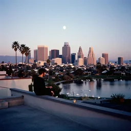 ryan mcginley photograph, leica s, kodachrome, rooftop, los angeles, moon, downtown, echo park, lake, swans, landscape, cigarette