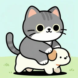 a giant cat riding a small dog like a horserider, chibi style.