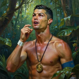 beautiful painted portrait of Cristiano Ronaldo shaman singing in the jungle, matte painting, fantasy art, ayahuasca