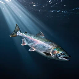 a salmon swimming through space, bad photo edit, compressed
