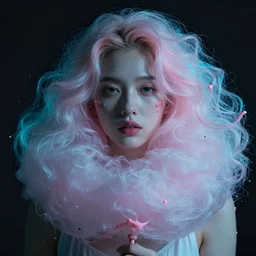 a dramatic lighting photo of a beautiful young woman with cotton candy hair. paint splashes. moody, melanchonic. with a little bit of cyan and pink